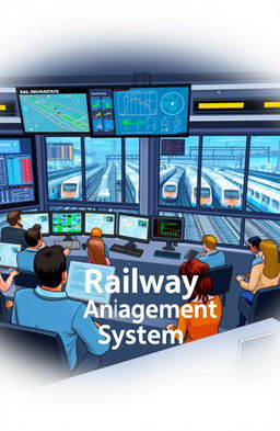 A detailed and vibrant illustration depicting a modern railway management system in action