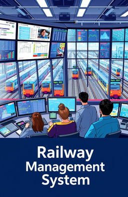A detailed and vibrant illustration depicting a modern railway management system in action