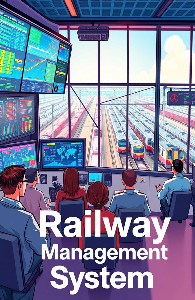 A detailed and vibrant illustration depicting a modern railway management system in action