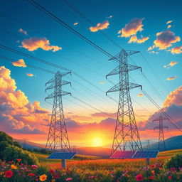 An eye-catching representation of an electric transmission line system, featuring dynamic and innovative design elements