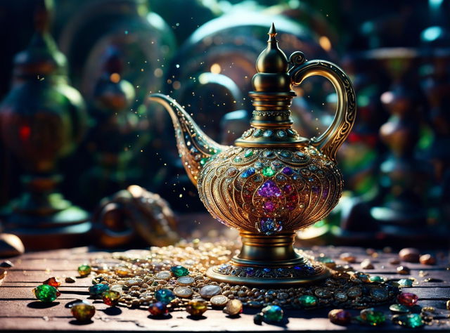 A high-definition, cinematic image depicts a genie emerging from an ornately detailed golden lamp adorned with sparkling gemstones