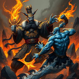 A fierce Chinese judge of the underworld, adorned in elaborate dark robes with intricate golden patterns, wields a glowing magical weapon as they confront a blue-skinned Kaido in a chaotic hellscape