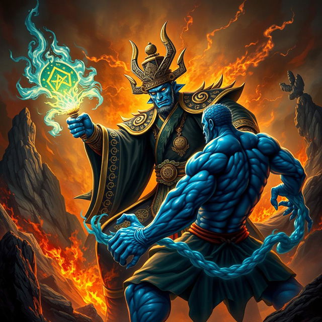 A fierce Chinese judge of the underworld, adorned in elaborate dark robes with intricate golden patterns, wields a glowing magical weapon as they confront a blue-skinned Kaido in a chaotic hellscape