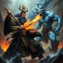 A fierce Chinese judge of the underworld, adorned in elaborate dark robes with intricate golden patterns, wields a glowing magical weapon as they confront a blue-skinned Kaido in a chaotic hellscape