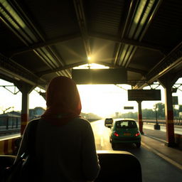 Sebuah stasiun kereta yang sepi dengan cahaya matahari terbenam yang hangat