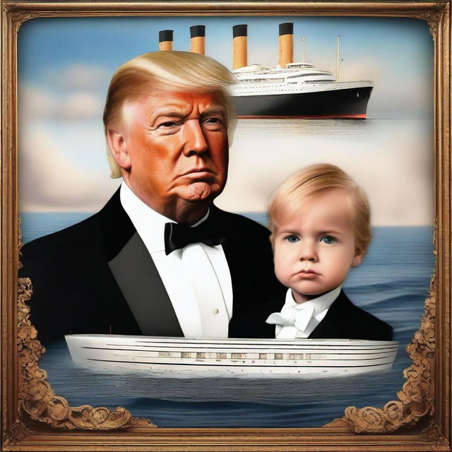 A digital art piece set on the Titanic, featuring the character of Billy Zane with Donald Trump's face