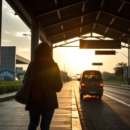 Sebuah stasiun kereta yang sepi dengan cahaya matahari terbenam yang hangat