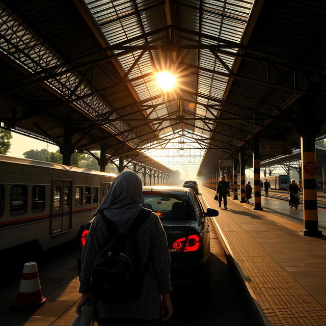 Sebuah stasiun kereta yang sepi dengan cahaya matahari terbenam yang hangat