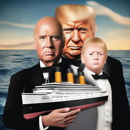 A digital art piece set on the Titanic, featuring the character of Billy Zane with Donald Trump's face