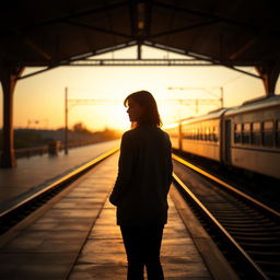 A deserted train station at sunset, illuminated by warm, golden light