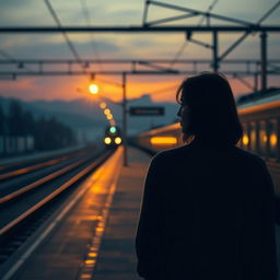 A deserted train station at sunset, illuminated by warm, golden light
