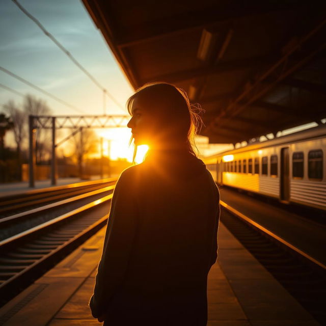 A deserted train station at sunset, illuminated by warm, golden light