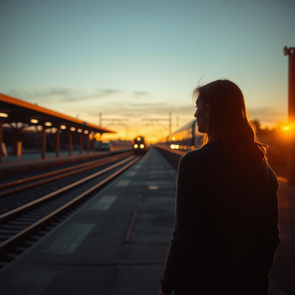 A deserted train station at sunset, illuminated by warm, golden light