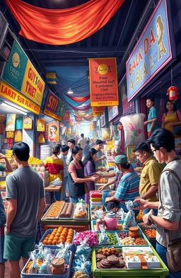 A visually captivating scene depicting a bustling marketplace filled with colorful stalls selling various goods and products