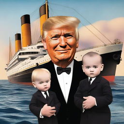 A digital art piece set on the Titanic, featuring the character of Billy Zane with Donald Trump's face