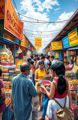 A visually captivating scene depicting a bustling marketplace filled with colorful stalls selling various goods and products