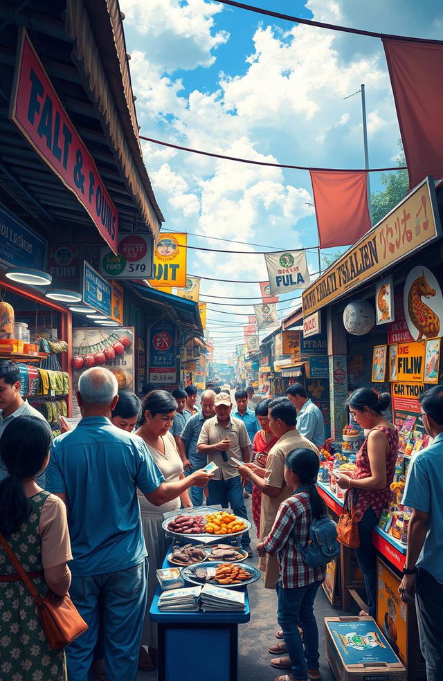 A visually captivating scene depicting a bustling marketplace filled with colorful stalls selling various goods and products