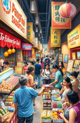 A visually captivating scene depicting a bustling marketplace filled with colorful stalls selling various goods and products