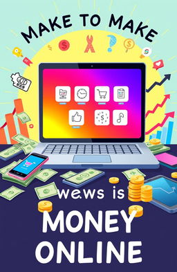 A creative illustration depicting various ways to make money online, featuring a laptop open with a vibrant screen showing icons for e-commerce, freelancing, and online courses