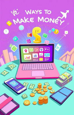 A creative illustration depicting various ways to make money online, featuring a laptop open with a vibrant screen showing icons for e-commerce, freelancing, and online courses