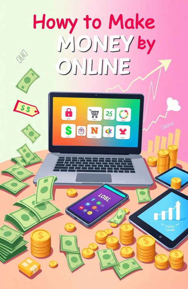 A creative illustration depicting various ways to make money online, featuring a laptop open with a vibrant screen showing icons for e-commerce, freelancing, and online courses