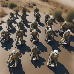 aerial view 10 combatants, in military camouflage flying in the air on hover-boards, all combatants are armed with assault rifles and clad in skeleton face mask and normal bullet proof vests