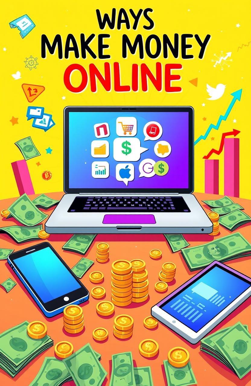 A creative illustration depicting various ways to make money online, featuring a laptop open with a vibrant screen showing icons for e-commerce, freelancing, and online courses