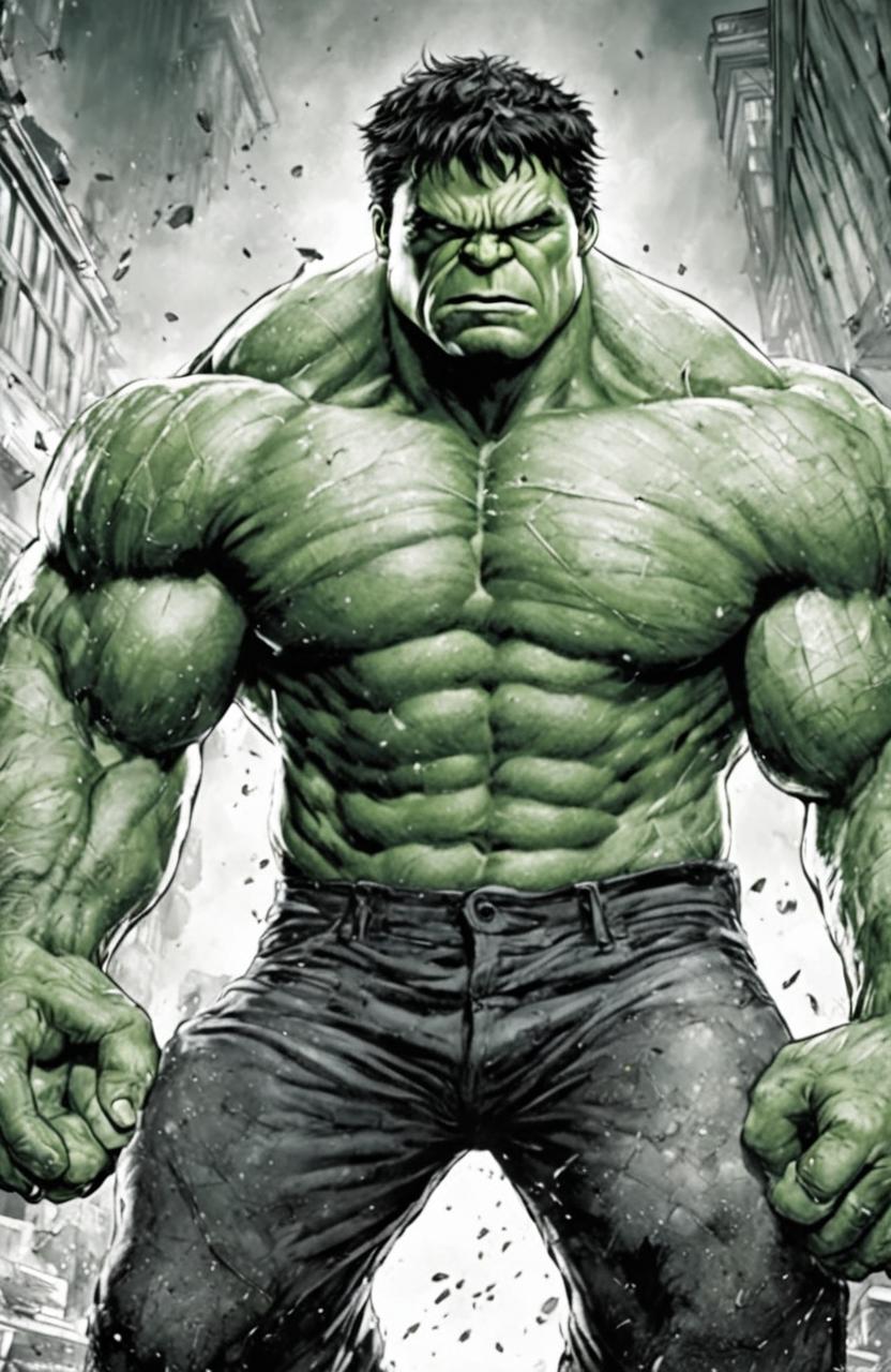 A high-quality, intricate coloring page featuring the Marvel character, the Incredible Hulk, drawn in the meticulous and detailed style of Tim Jeffs