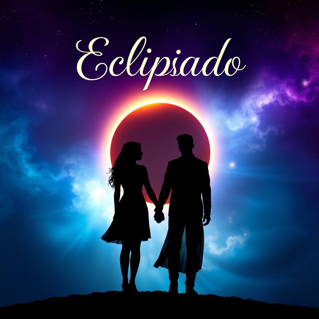 A captivating book cover design for a poem titled "Eclipsado" that beautifully intertwines the themes of soulmates and an eclipse