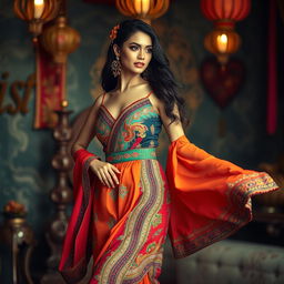 A stunning model showcasing exquisite curves, elegantly modeling a bold, traditional dress that combines vibrant colors and intricate patterns