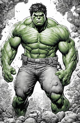 A high-quality, intricate coloring page featuring the Marvel character, the Incredible Hulk, drawn in the meticulous and detailed style of Tim Jeffs