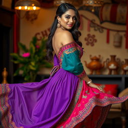 A stunning model showcasing exquisite curves, elegantly modeling a bold, traditional dress that combines vibrant colors and intricate patterns