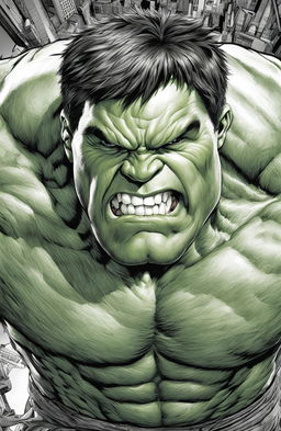 A high-quality, intricate coloring page featuring the Marvel character, the Incredible Hulk, drawn in the meticulous and detailed style of Tim Jeffs