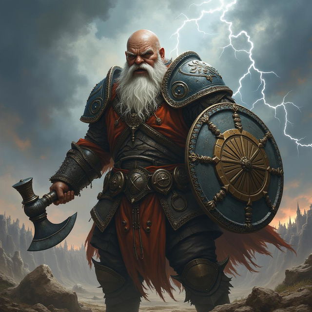 A detailed image of a snarling bald Dwarven war cleric, a fierce follower of Clangeddin Silverbeard