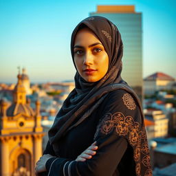 A confident young woman wearing a beautifully styled hijab, embodying a blend of traditional and modern fashion