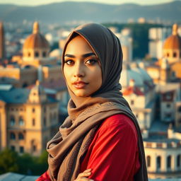 A confident young woman wearing a beautifully styled hijab, embodying a blend of traditional and modern fashion