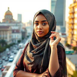 A confident young woman wearing a beautifully styled hijab, embodying a blend of traditional and modern fashion