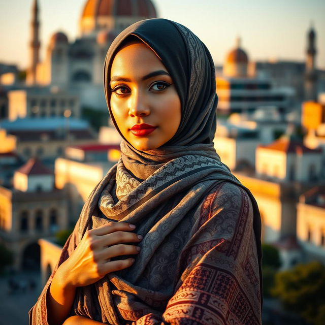 A confident young woman wearing a beautifully styled hijab, embodying a blend of traditional and modern fashion