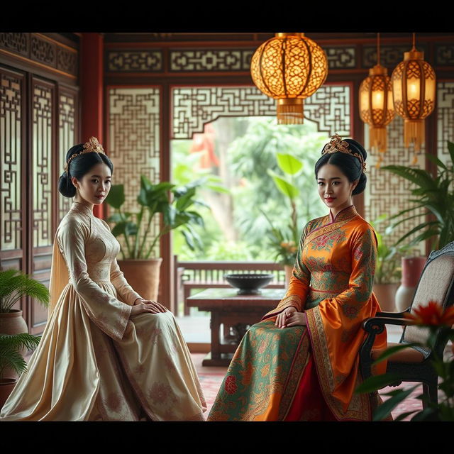 A beautifully detailed scene capturing palace maids and concubines in the Dai Viet dynasty, showcasing their elegance and intricate traditional attire