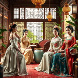 A beautifully detailed scene capturing palace maids and concubines in the Dai Viet dynasty, showcasing their elegance and intricate traditional attire
