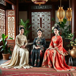 A beautifully detailed scene capturing palace maids and concubines in the Dai Viet dynasty, showcasing their elegance and intricate traditional attire