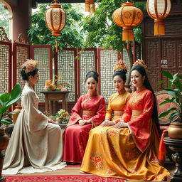 A beautifully detailed scene capturing palace maids and concubines in the Dai Viet dynasty, showcasing their elegance and intricate traditional attire