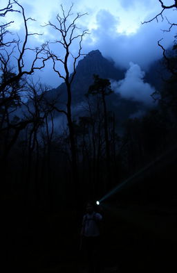 A chilling scene from a horror-themed hiking adventure, inspired by the book titled 'Jejak di Tanah Abicara'