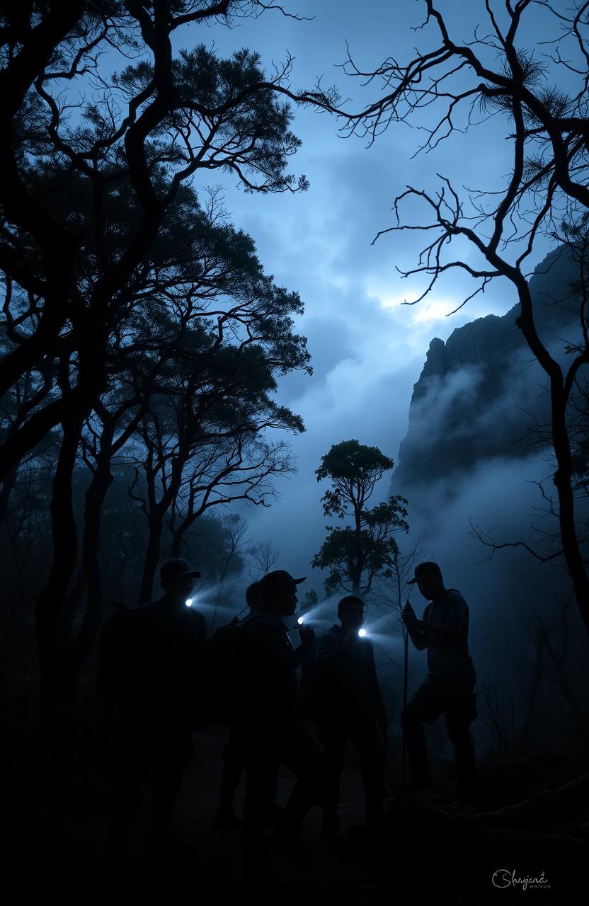 A chilling scene from a horror-themed hiking adventure, inspired by the book titled 'Jejak di Tanah Abicara'