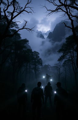 A chilling scene from a horror-themed hiking adventure, inspired by the book titled 'Jejak di Tanah Abicara'