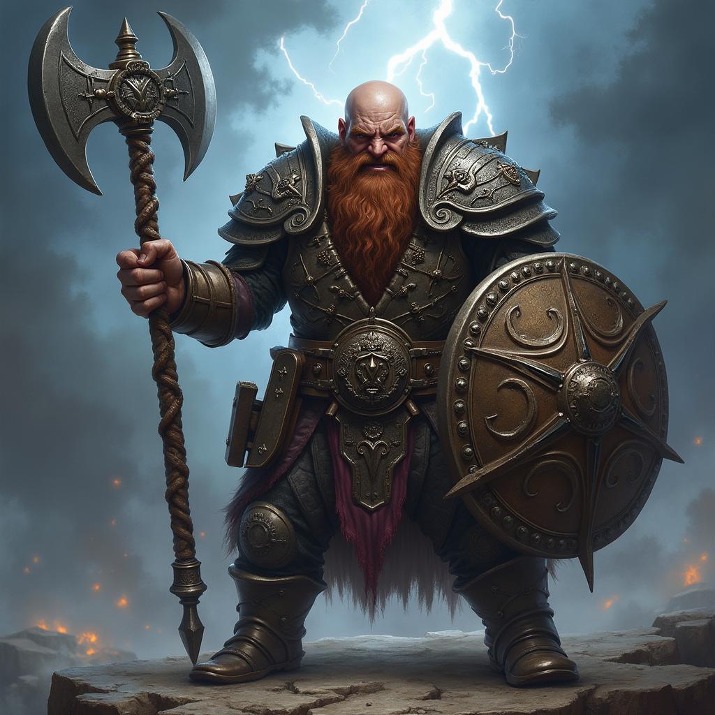 A detailed image of a snarling bald Dwarven war cleric, a fierce follower of Clangeddin Silverbeard