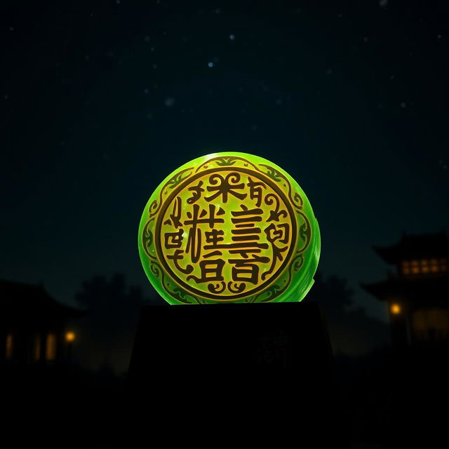 The national jade seal, intricately carved and adorned with delicate patterns, radiates a mystical glow amidst a dark night