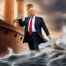 A detailed digital art piece depicting Donald Trump on the sinking RMS Titanic, saving himself by reaching out for a lifeboat