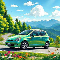 A vibrant, detailed illustration of a 2003 Toyota Duet in a beautiful and scenic outdoor setting