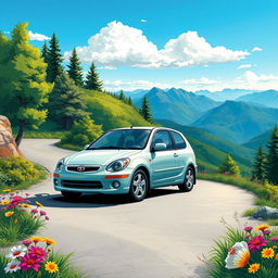 A vibrant, detailed illustration of a 2003 Toyota Duet in a beautiful and scenic outdoor setting
